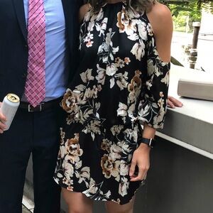 Black Patterned Silk Dress with cut out shoulders